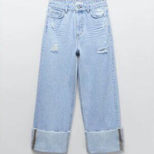 Zara Rolled Up Wide Leg Distressed Jeans
